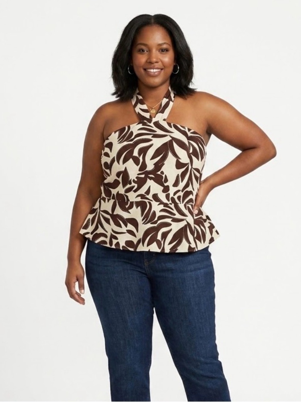 Ann Taylor Cream and Brown Leaf-Print Halter Peplum Camisole